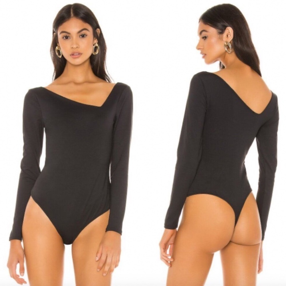 Free People Intimately Abbie Asymmetric Long Sleeve Bodysuit Small Black